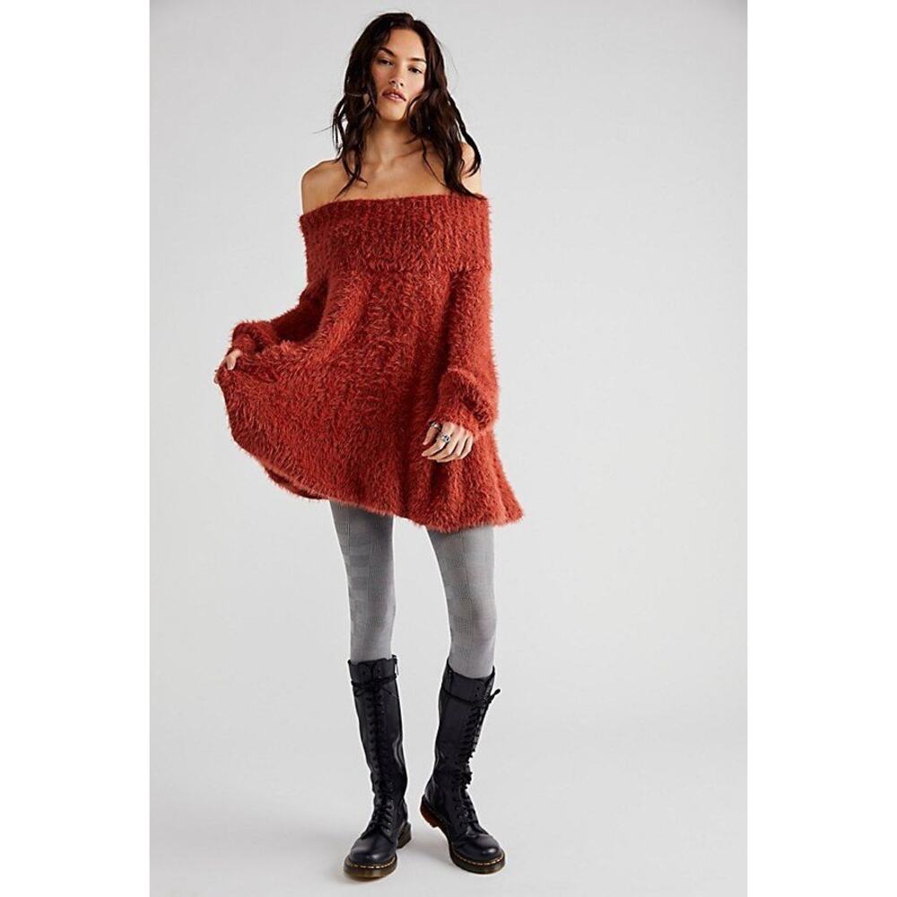 New Free People Mallow Mini Fuzzy Sweater Mini Dress $148 SMALL Rustic Red